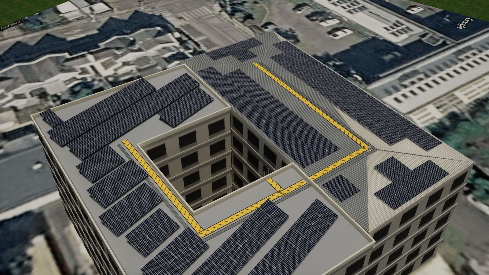 Edificio modelado en 3D con sus paneles sobre la imagen satelital